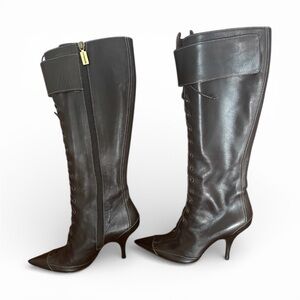 Elegant Bruno Magli Pointed-Toe Leather Black Stiletto-Heel Knee-High Boots.